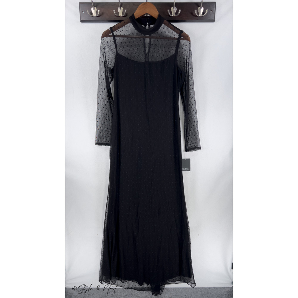 Marina Dotted Mesh Illusion Neck Long Sleeve Mesh Sheath Gown Whimsigoth Small